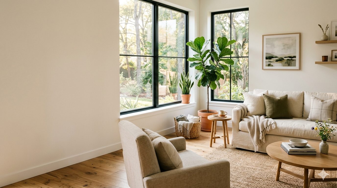 A warm, sunlit short-term rental living room