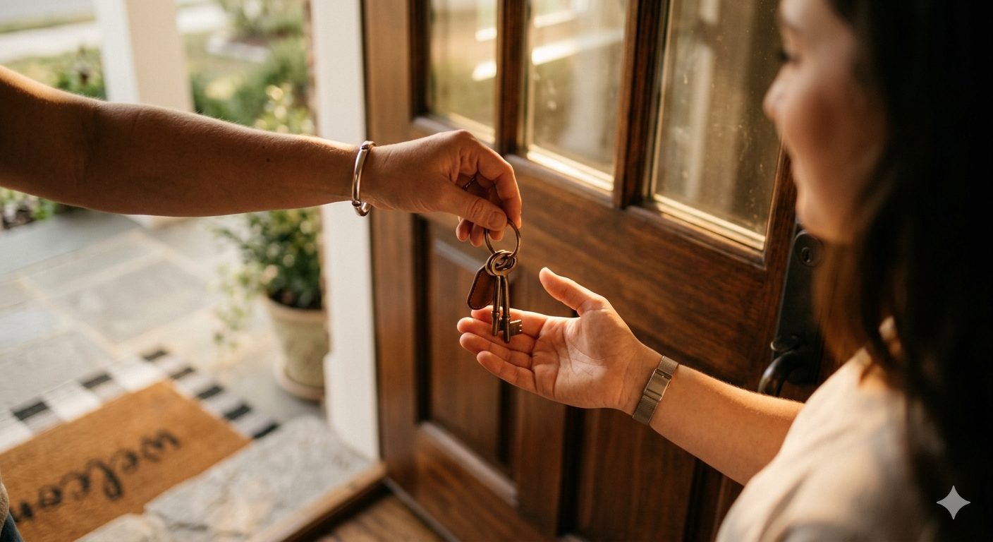 A host handing keys to an arriving guest