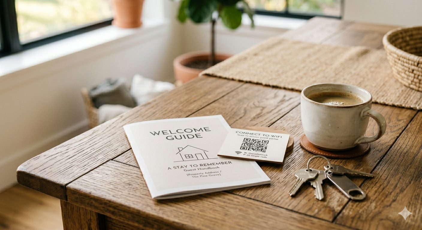 A branded welcome guide and QR card on a table